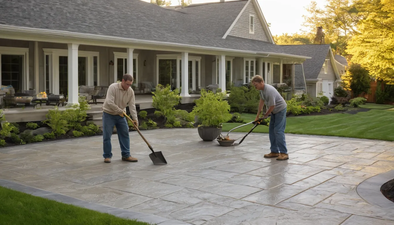 Newly finished stamped concrete patio with a slate pattern behind a home in Philadelphia